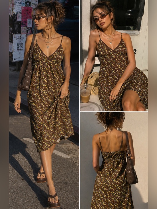 lei Dresses & Skirts - Vintage early 2000’s Y2K L.E.I. Brown Floral Ditsy Spaghetti Strap Sundress 💐